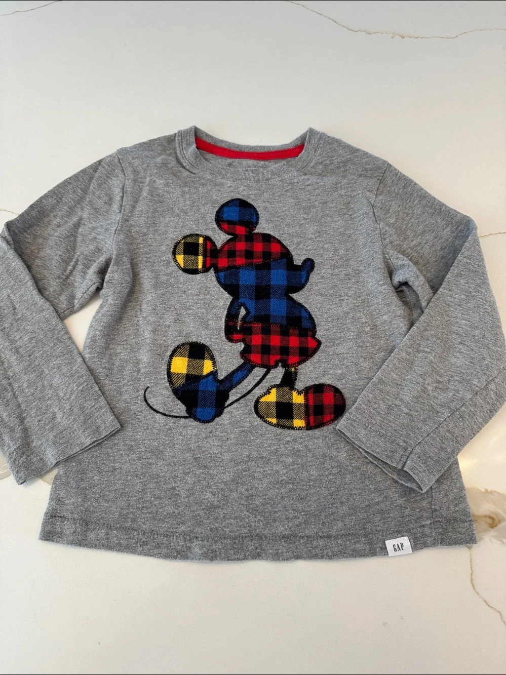 GAP Grey Long-Sleeve Tee with Plaid Disney Mickey Mouse in Red, Blue & Yellow